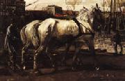 George-Hendrik Breitner Two White Horses Pulling Posts in Amsterdam painting